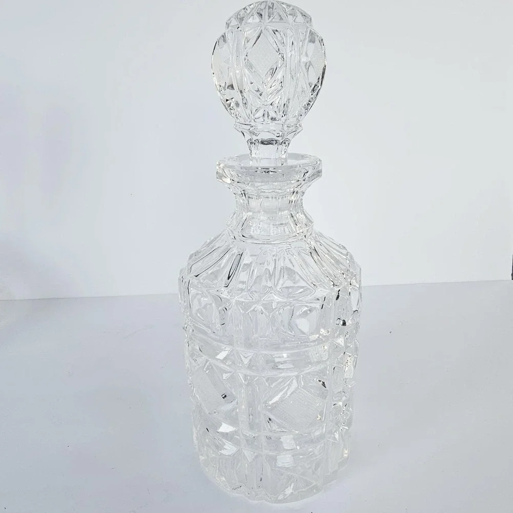 Vintage MCM Heavy Lead Crystal Liquor Decanter Starburst Diamond Pattern Barware